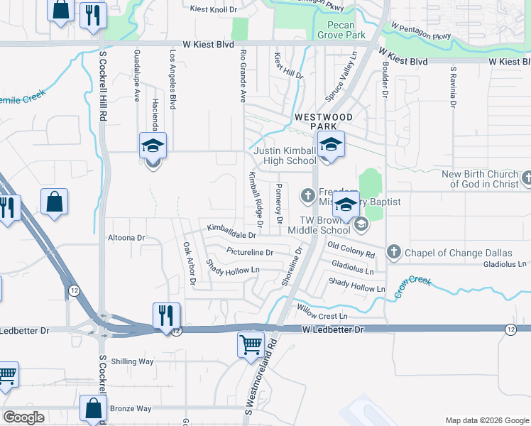 map of restaurants, bars, coffee shops, grocery stores, and more near 3805 Kimball Ridge Circle in Dallas