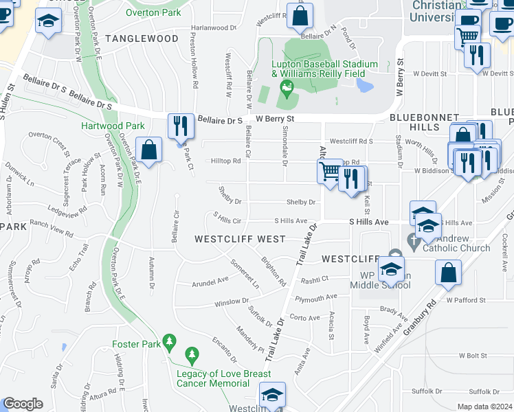 map of restaurants, bars, coffee shops, grocery stores, and more near 3737 Shelby Drive in Fort Worth