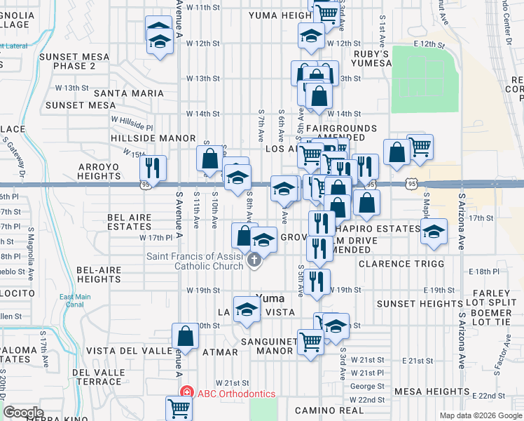 map of restaurants, bars, coffee shops, grocery stores, and more near 1617 South 8th Avenue in Yuma