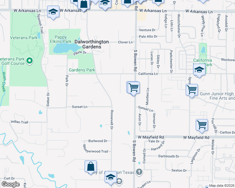 map of restaurants, bars, coffee shops, grocery stores, and more near 2918 Texas Drive in Arlington