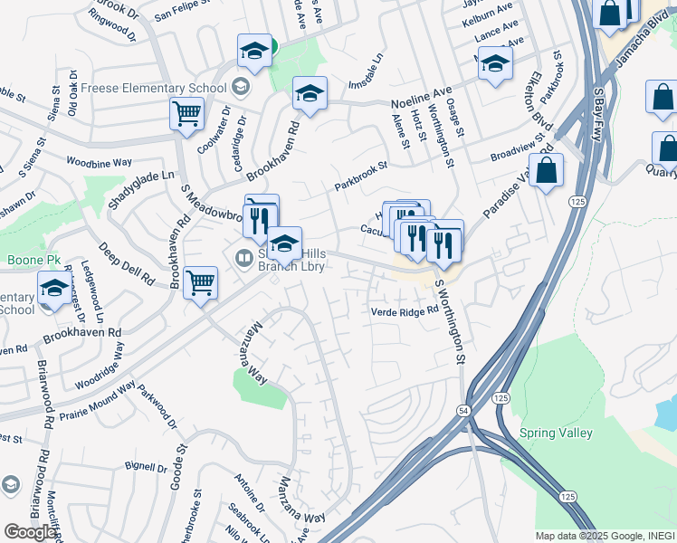 map of restaurants, bars, coffee shops, grocery stores, and more near 450 Bluffview Road in Spring Valley