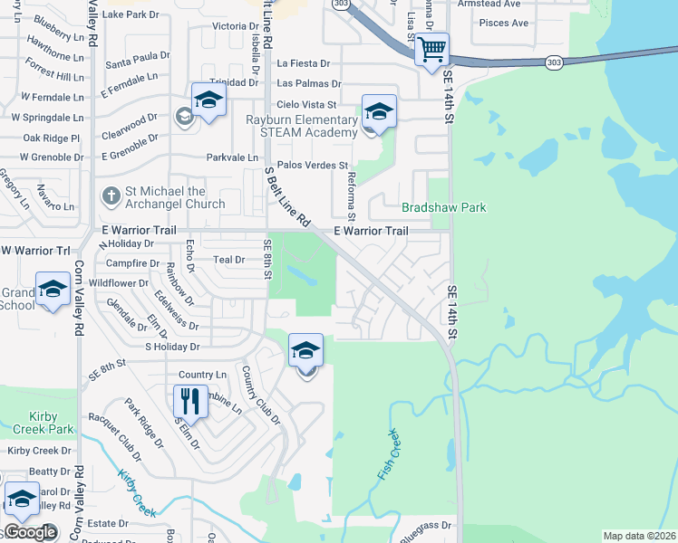map of restaurants, bars, coffee shops, grocery stores, and more near 12 West Creek Lane in Grand Prairie