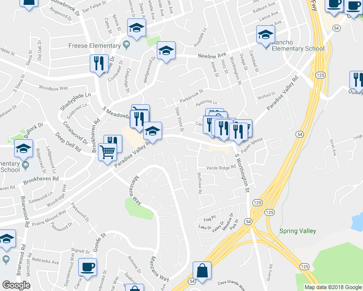 map of restaurants, bars, coffee shops, grocery stores, and more near 8233 Bluffview Court in Spring Valley