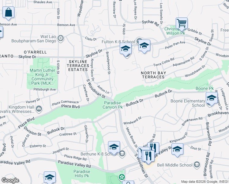 map of restaurants, bars, coffee shops, grocery stores, and more near 447 Brandywood Street in San Diego