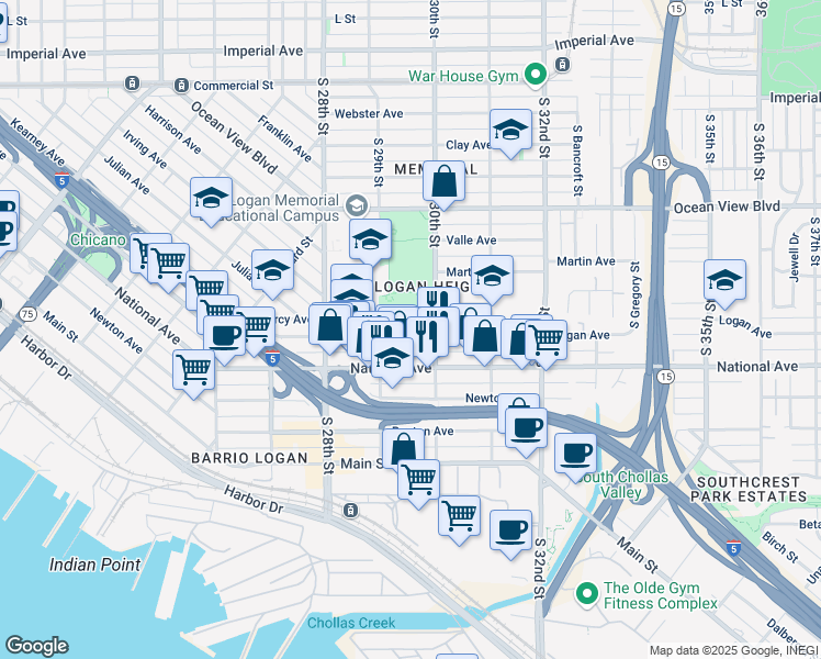 map of restaurants, bars, coffee shops, grocery stores, and more near 2962 Logan Avenue in San Diego