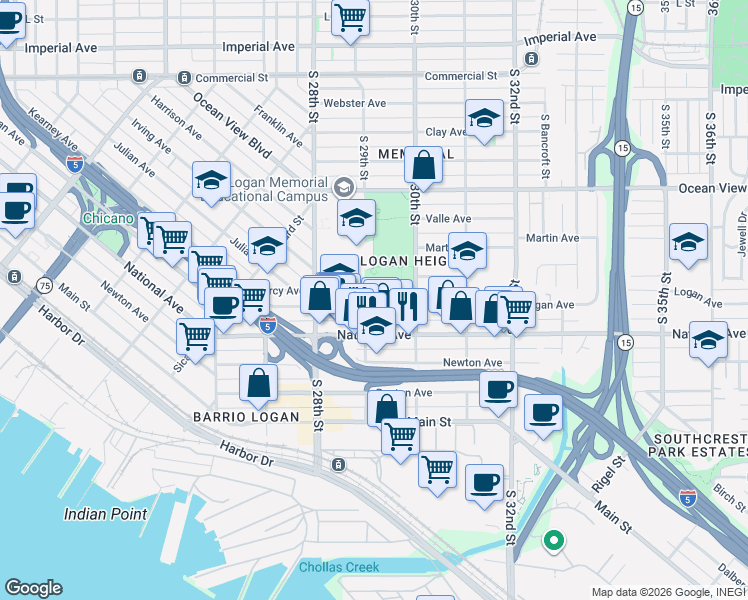 map of restaurants, bars, coffee shops, grocery stores, and more near 2883 Logan Avenue in San Diego