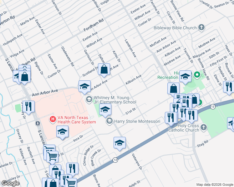 map of restaurants, bars, coffee shops, grocery stores, and more near 2532 Modree Avenue in Dallas