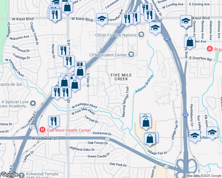 map of restaurants, bars, coffee shops, grocery stores, and more near 646 Bow and Arrow Drive in Dallas