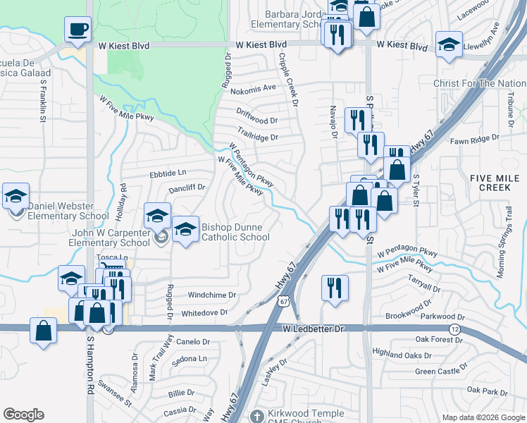 map of restaurants, bars, coffee shops, grocery stores, and more near 3915 Lost Creek Drive in Dallas