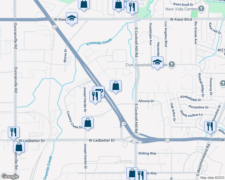 map of restaurants, bars, coffee shops, grocery stores, and more near 3880 South Walton Walker Boulevard in Dallas
