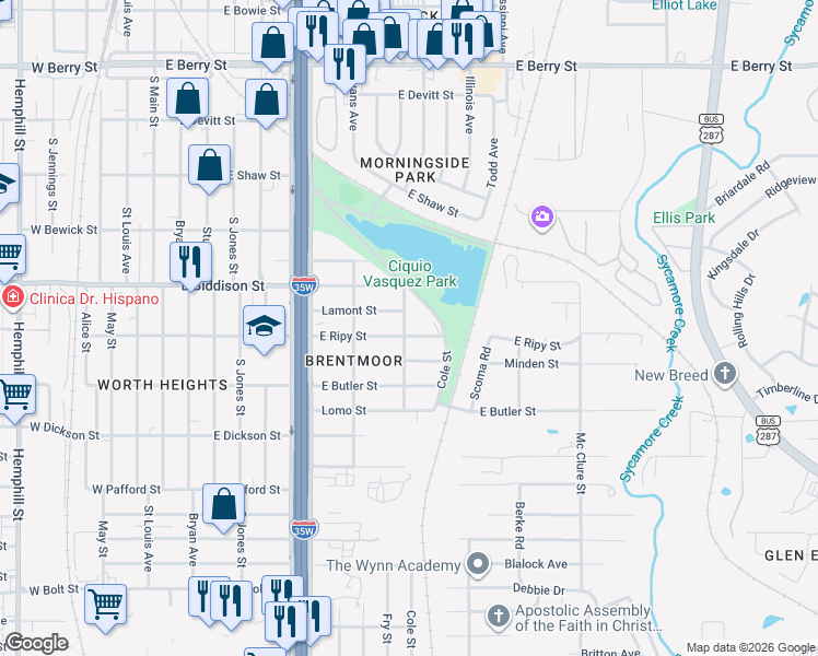 map of restaurants, bars, coffee shops, grocery stores, and more near 601 East Ripy Street in Fort Worth