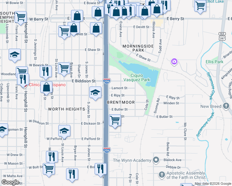 map of restaurants, bars, coffee shops, grocery stores, and more near 901 East Ripy Street in Fort Worth
