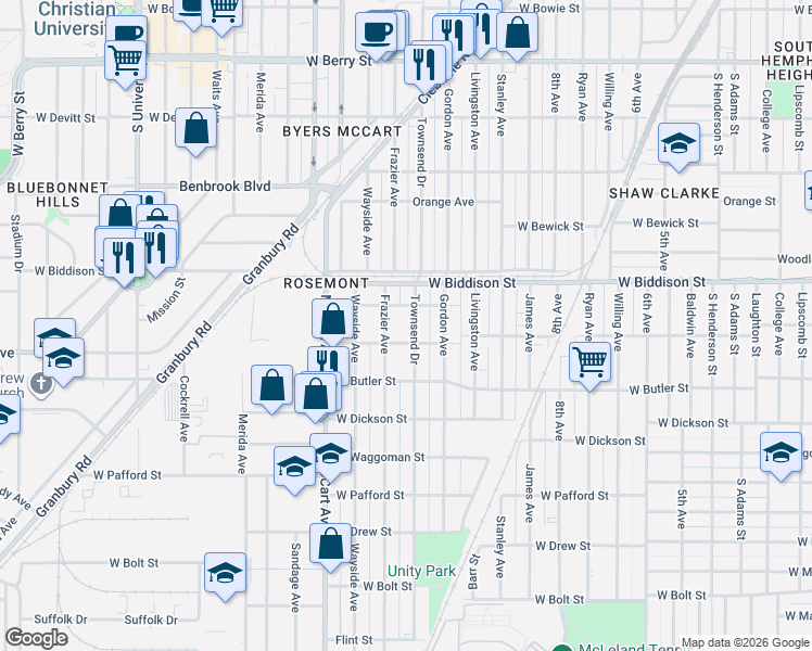 map of restaurants, bars, coffee shops, grocery stores, and more near 3574 Townsend Drive in Fort Worth