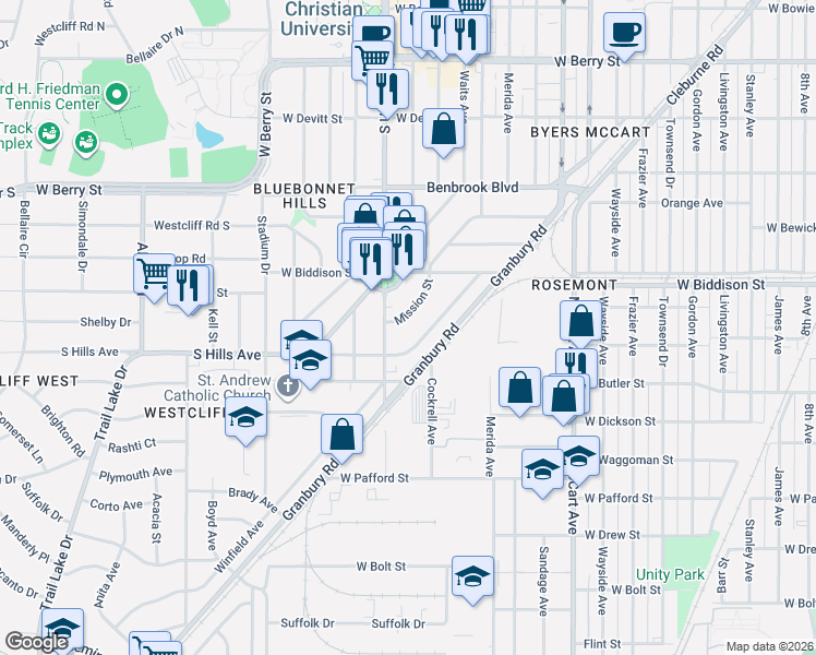 map of restaurants, bars, coffee shops, grocery stores, and more near 2916 South Hills Avenue in Fort Worth