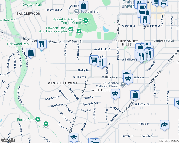 map of restaurants, bars, coffee shops, grocery stores, and more near 3625 Shelby Drive in Fort Worth