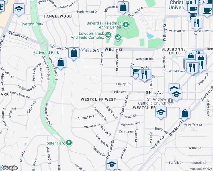 map of restaurants, bars, coffee shops, grocery stores, and more near 3737 Shelby Drive in Fort Worth