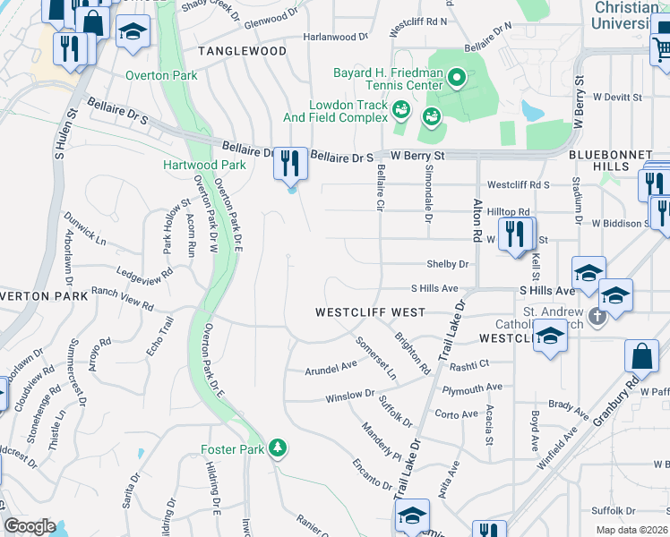 map of restaurants, bars, coffee shops, grocery stores, and more near 3852 South Hills Circle in Fort Worth