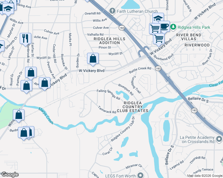 map of restaurants, bars, coffee shops, grocery stores, and more near 7100 Falling Springs Road in Fort Worth
