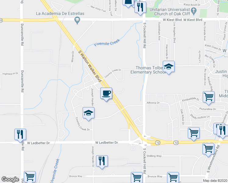 map of restaurants, bars, coffee shops, grocery stores, and more near 3880 South Walton Walker Boulevard in Dallas