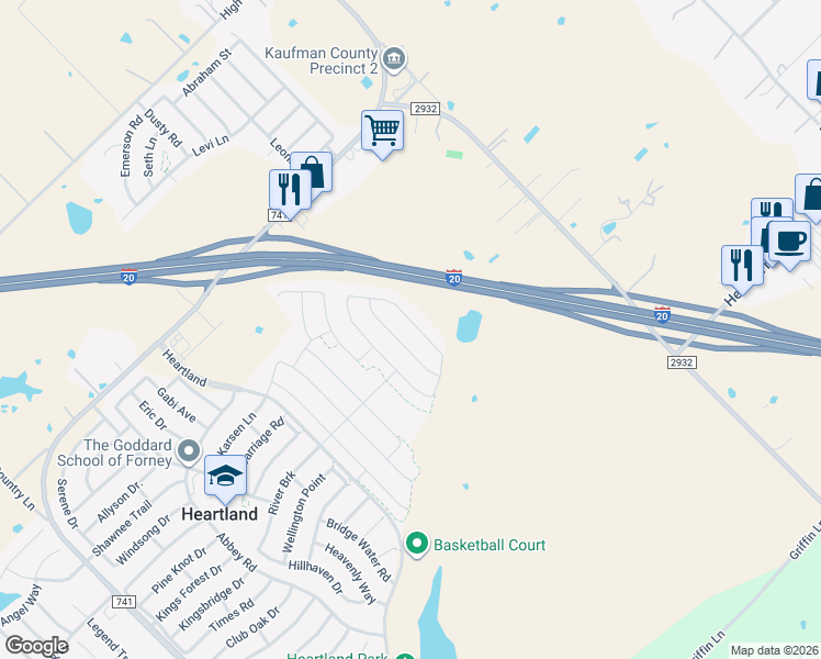 map of restaurants, bars, coffee shops, grocery stores, and more near Interstate 20 in Forney