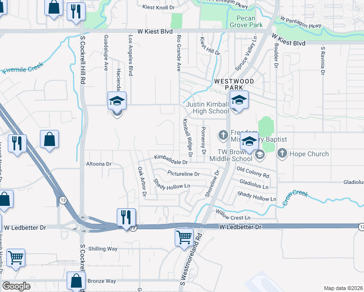 map of restaurants, bars, coffee shops, grocery stores, and more near 3805 Kimball Ridge Circle in Dallas
