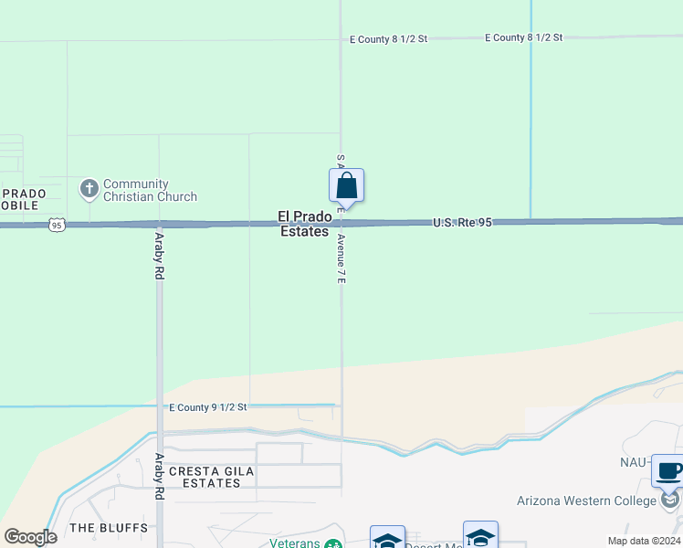 map of restaurants, bars, coffee shops, grocery stores, and more near 9507 Avenue 7 East in Yuma