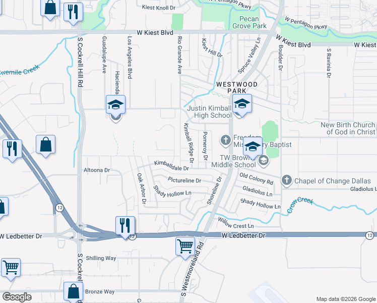 map of restaurants, bars, coffee shops, grocery stores, and more near 3805 Kimball Ridge Circle in Dallas