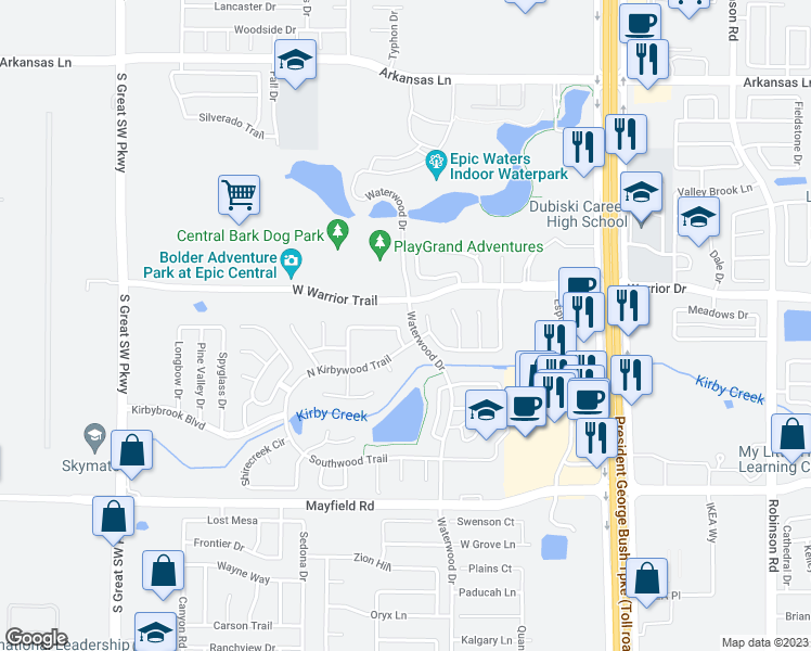 map of restaurants, bars, coffee shops, grocery stores, and more near 3006 Bradwood Avenue in Grand Prairie