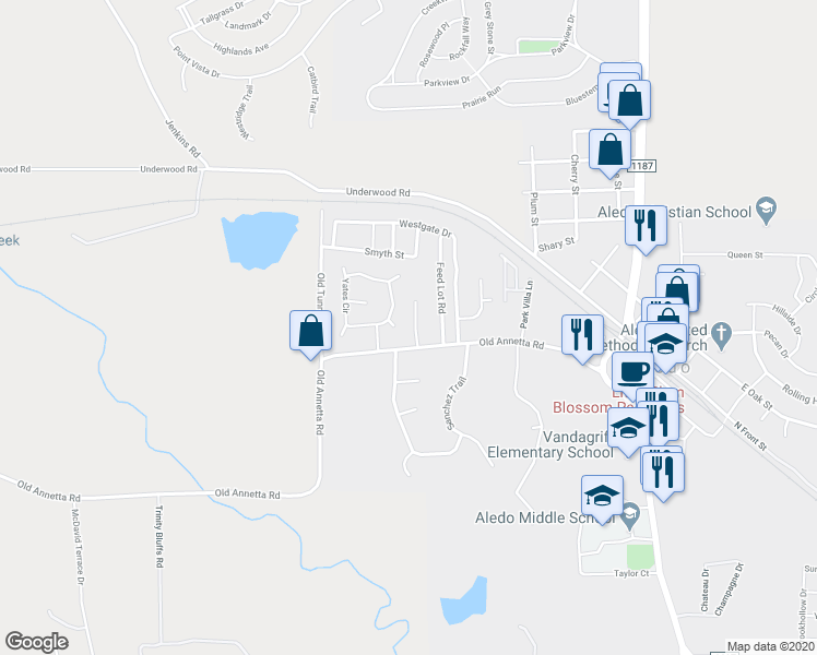 map of restaurants, bars, coffee shops, grocery stores, and more near 105 Langham Drive in Aledo