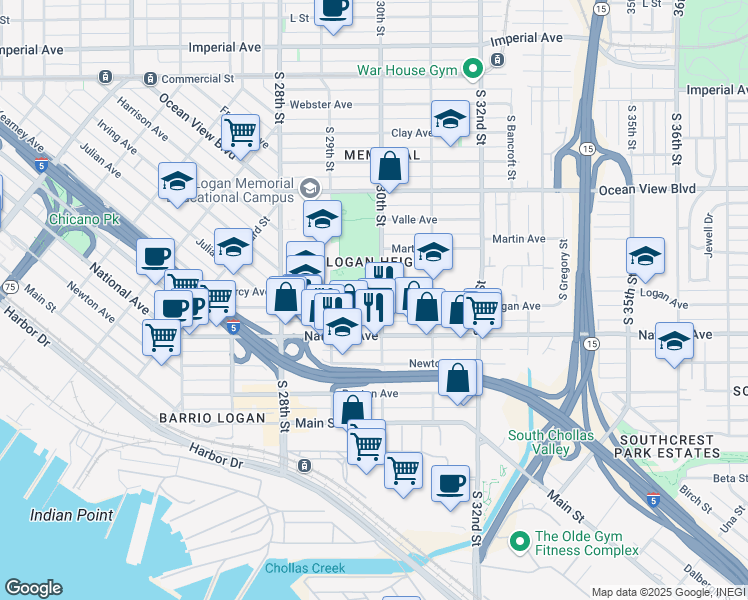 map of restaurants, bars, coffee shops, grocery stores, and more near 2984 Logan Avenue in San Diego