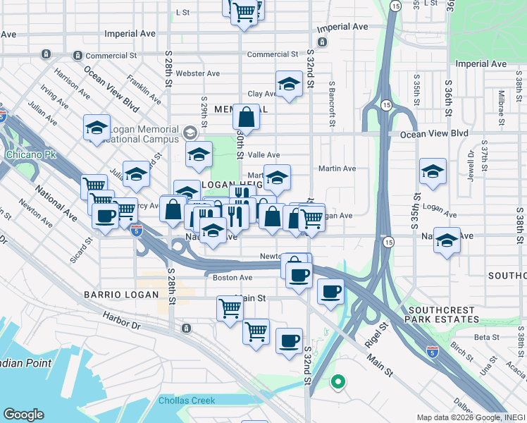 map of restaurants, bars, coffee shops, grocery stores, and more near 3089 Logan Avenue in San Diego
