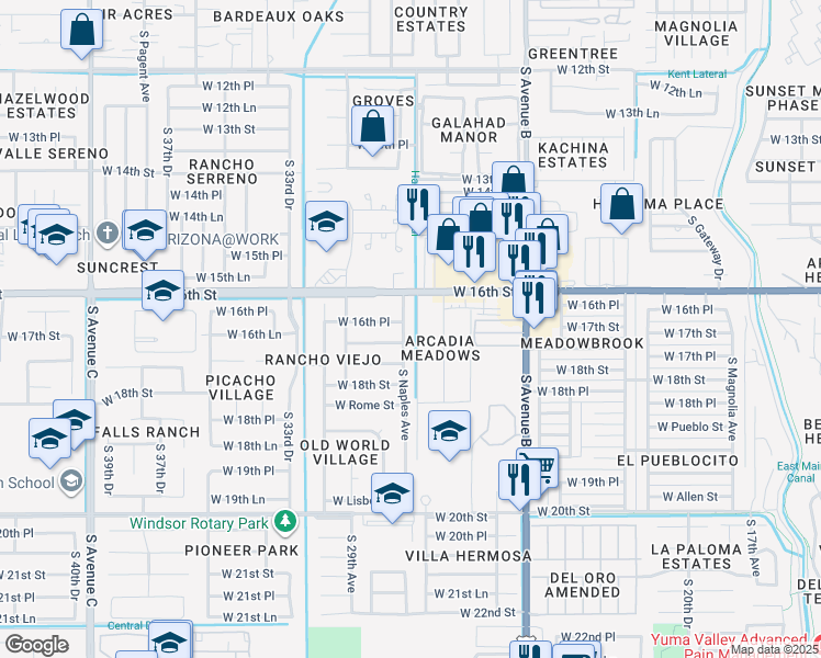 map of restaurants, bars, coffee shops, grocery stores, and more near 3006 West 17th Street in Yuma
