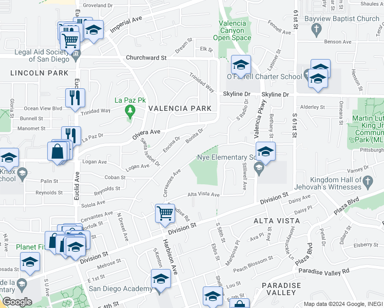 map of restaurants, bars, coffee shops, grocery stores, and more near 5690 Cervantes Avenue in San Diego