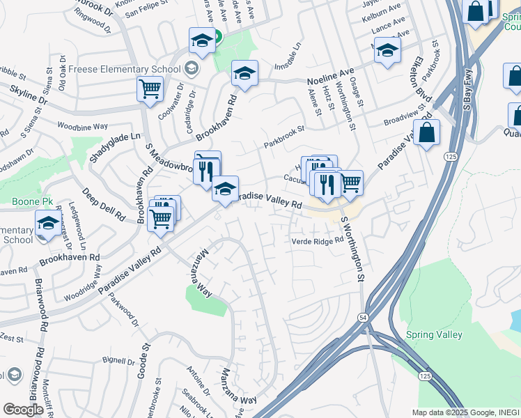 map of restaurants, bars, coffee shops, grocery stores, and more near 8150 Paradise Valley Court in Spring Valley