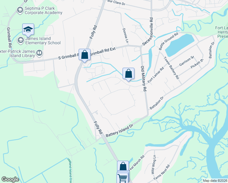 map of restaurants, bars, coffee shops, grocery stores, and more near 1135 Clearspring Drive in Charleston
