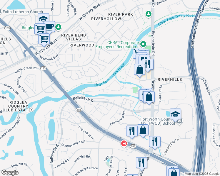 map of restaurants, bars, coffee shops, grocery stores, and more near 3964 Watercourse Drive in Fort Worth