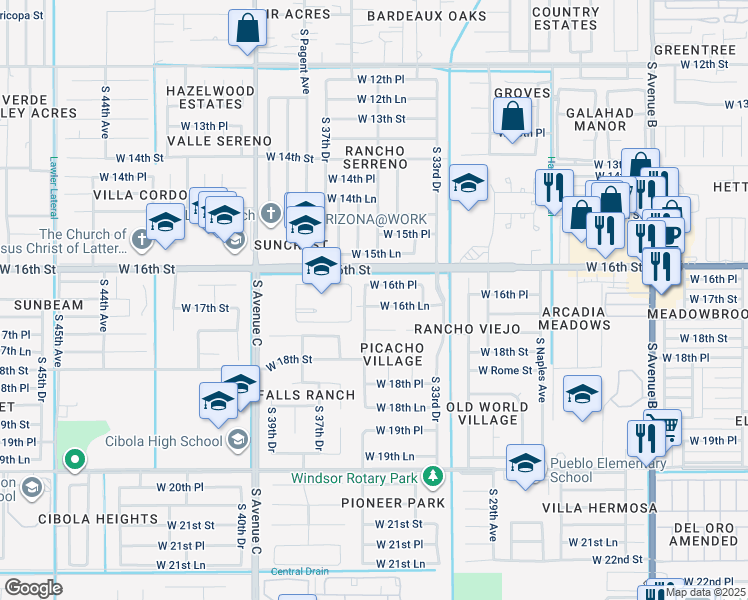 map of restaurants, bars, coffee shops, grocery stores, and more near 3574 West 16th Lane in Yuma