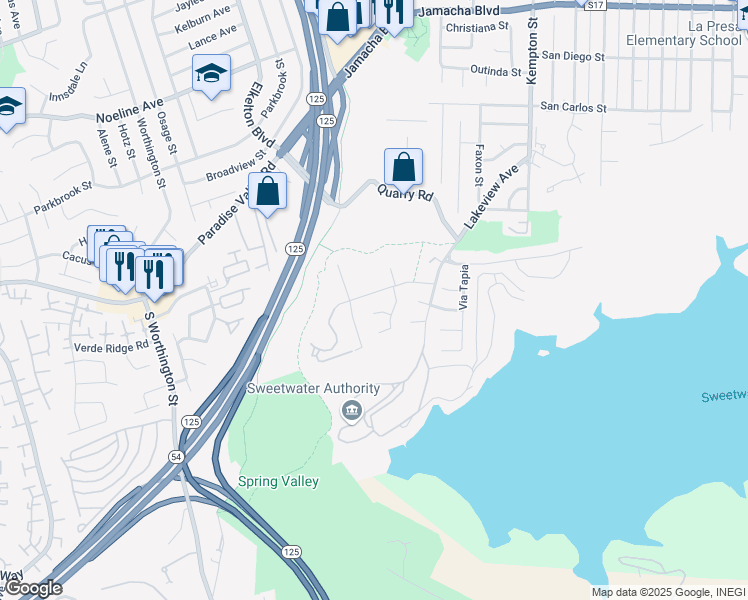 map of restaurants, bars, coffee shops, grocery stores, and more near 8827 Leigh Avenue in Spring Valley
