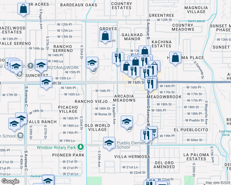 map of restaurants, bars, coffee shops, grocery stores, and more near 3006 West 17th Street in Yuma