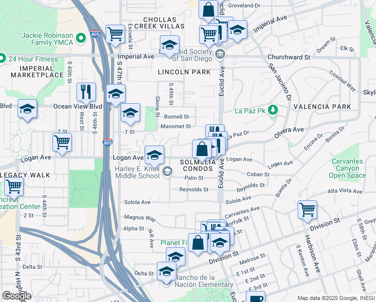map of restaurants, bars, coffee shops, grocery stores, and more near 4944 Logan Avenue in San Diego