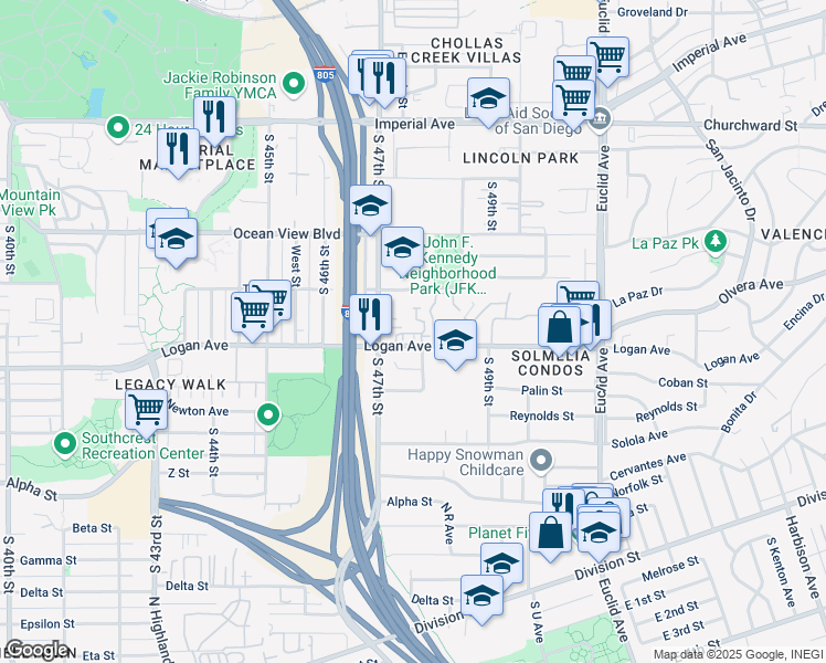 map of restaurants, bars, coffee shops, grocery stores, and more near 4730 Logan Avenue in San Diego
