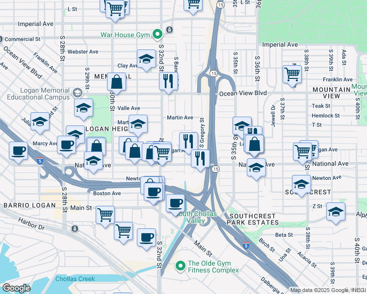 map of restaurants, bars, coffee shops, grocery stores, and more near 3298 Logan Avenue in San Diego