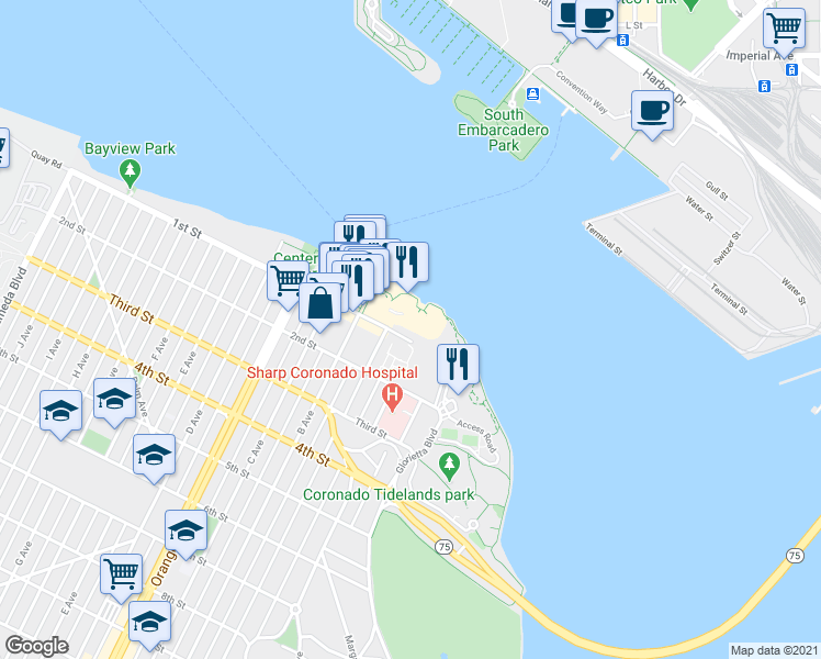 map of restaurants, bars, coffee shops, grocery stores, and more near 1481-1599 1st Street in Coronado