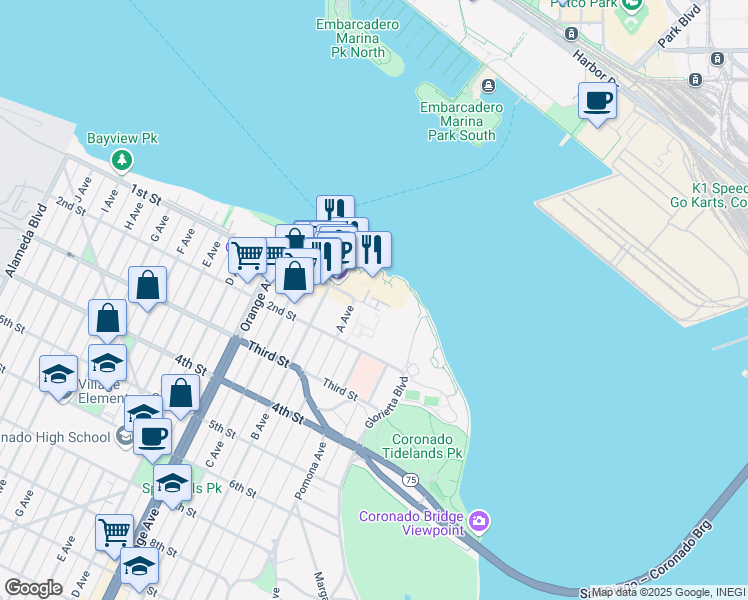 map of restaurants, bars, coffee shops, grocery stores, and more near 1447 1st Street in Coronado