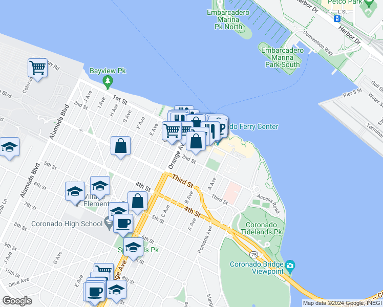 map of restaurants, bars, coffee shops, grocery stores, and more near 1116 2nd Street in Coronado