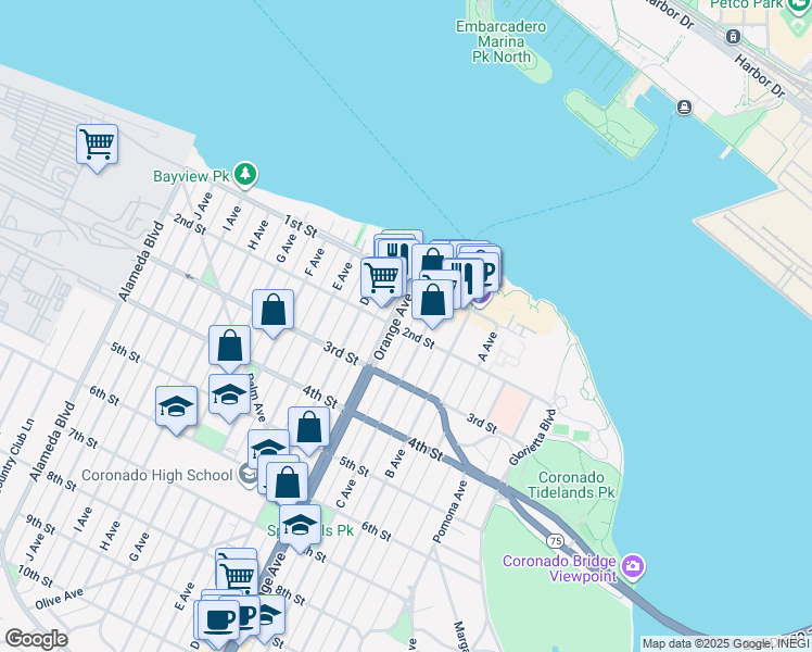 map of restaurants, bars, coffee shops, grocery stores, and more near 1116 2nd Street in Coronado