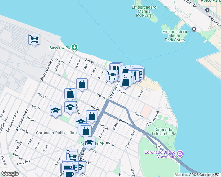 map of restaurants, bars, coffee shops, grocery stores, and more near 220 Orange Avenue in Coronado