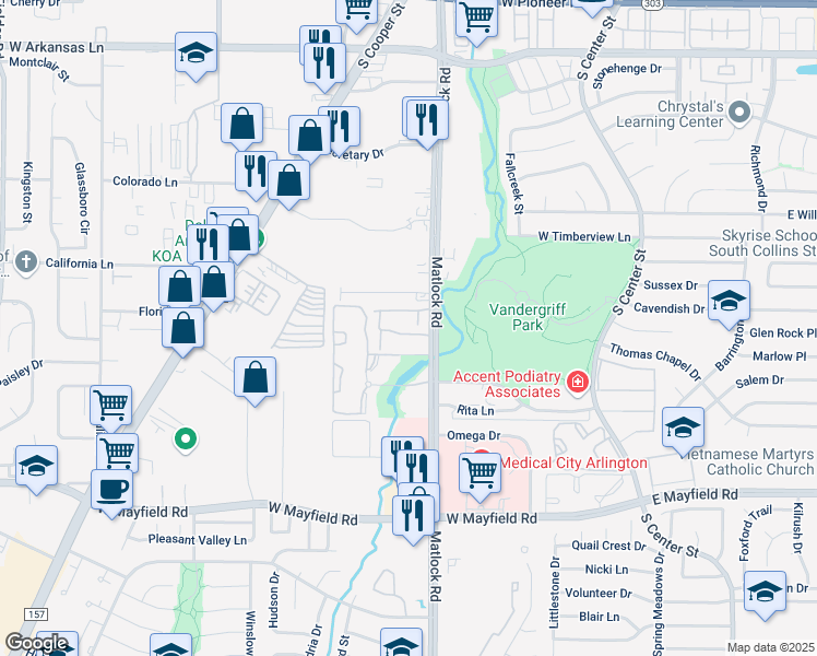 map of restaurants, bars, coffee shops, grocery stores, and more near 732 Buckskin Trail in Arlington