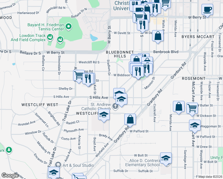 map of restaurants, bars, coffee shops, grocery stores, and more near 3624 Stadium Drive in Fort Worth