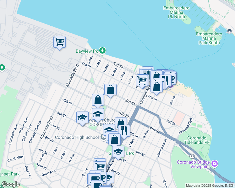 map of restaurants, bars, coffee shops, grocery stores, and more near 811 3rd Street in Coronado